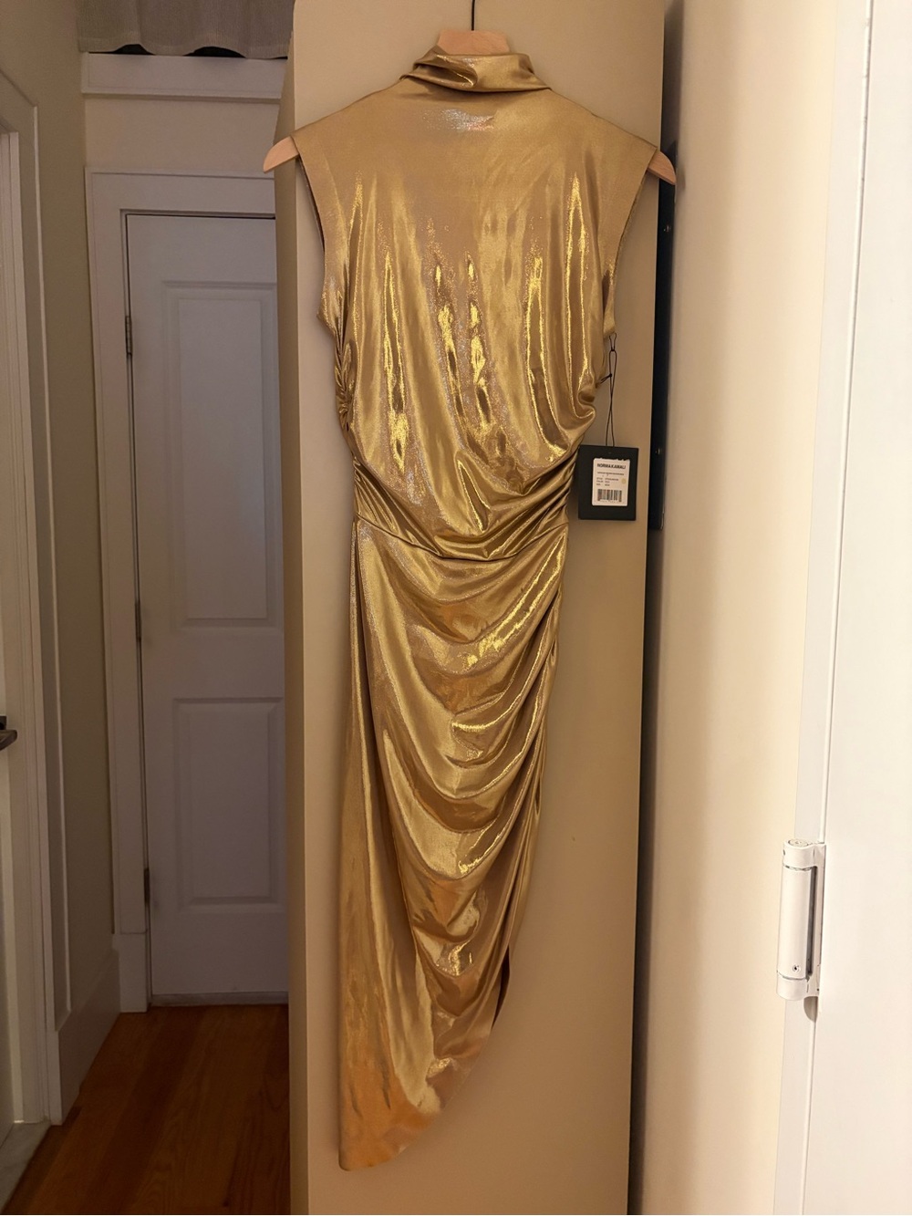 Norma Kamali Gold Sleeveless Turtleneck Side Drape Midi Dress XS